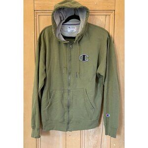 Champion Mens Full Zip Embroidered Logo Hoodie Size Large Green Army AN EXC